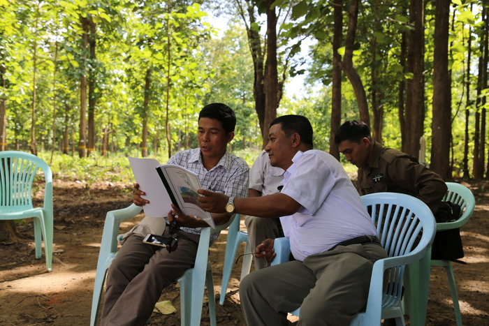 Teak for the future<br><br>Officers in the Myanmar Forest Department review a tree identification guide as part of ITTO project PD 270/04 Rev.2 (F), which has supported Myanmar in the<em> in situ</em> and <em>ex situ</em> conservation of its teak resources.<br>
<br>
<em>Photo: Y. Minn/Forest Research Institute of Myanmar</em>